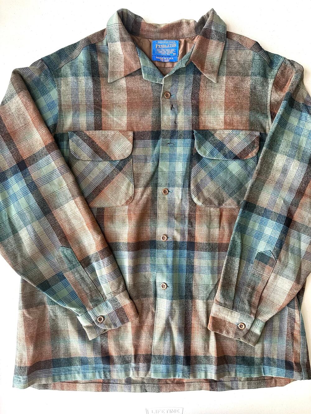 Vintage Pendleton Board Shirt Wool Flannel XL Plaid Blue Brown Ombre Made In USA